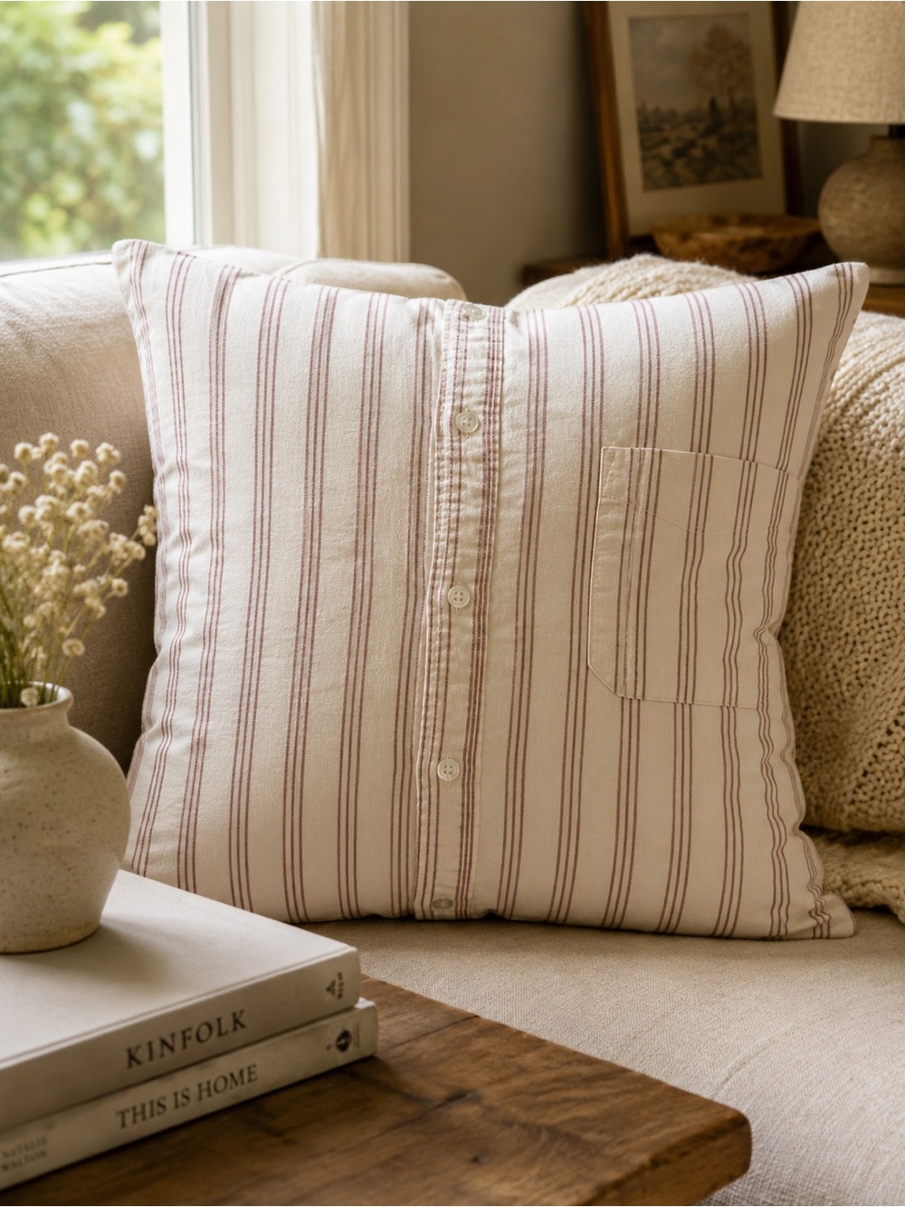 Handmade Striped Button-Front Accent  cover only 16” x16”